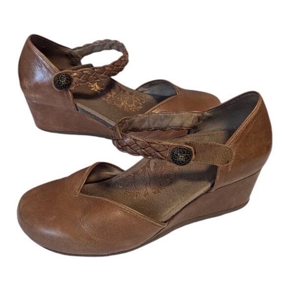 Aetrex Mia Braid Sandal Mary Jane Wedge Leather Size 39 Boho Brown - Picture 2 of 9